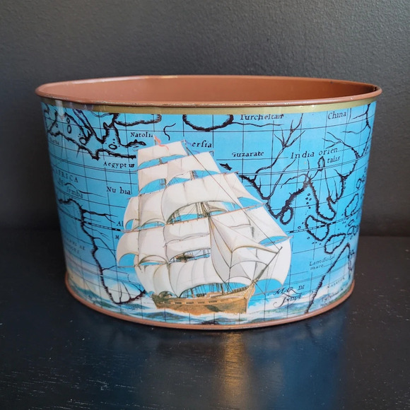 Vintage metal Nautical OFFICE STORAGE container - old world map ship decor - Picture 3 of 5